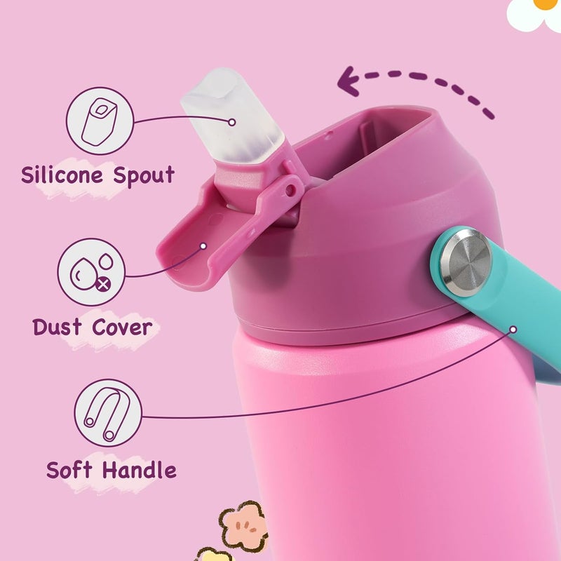 Kerilyn 12oz Kids Water Bottle 2 Pack, Stainless Steel Insulated Water Bottle Bulk, Toddler Cups with Straws Leak-Proof, Kids Water Bottles for School Boys Girls, BPA Free, Rose Red+Charm Pink - Image 3